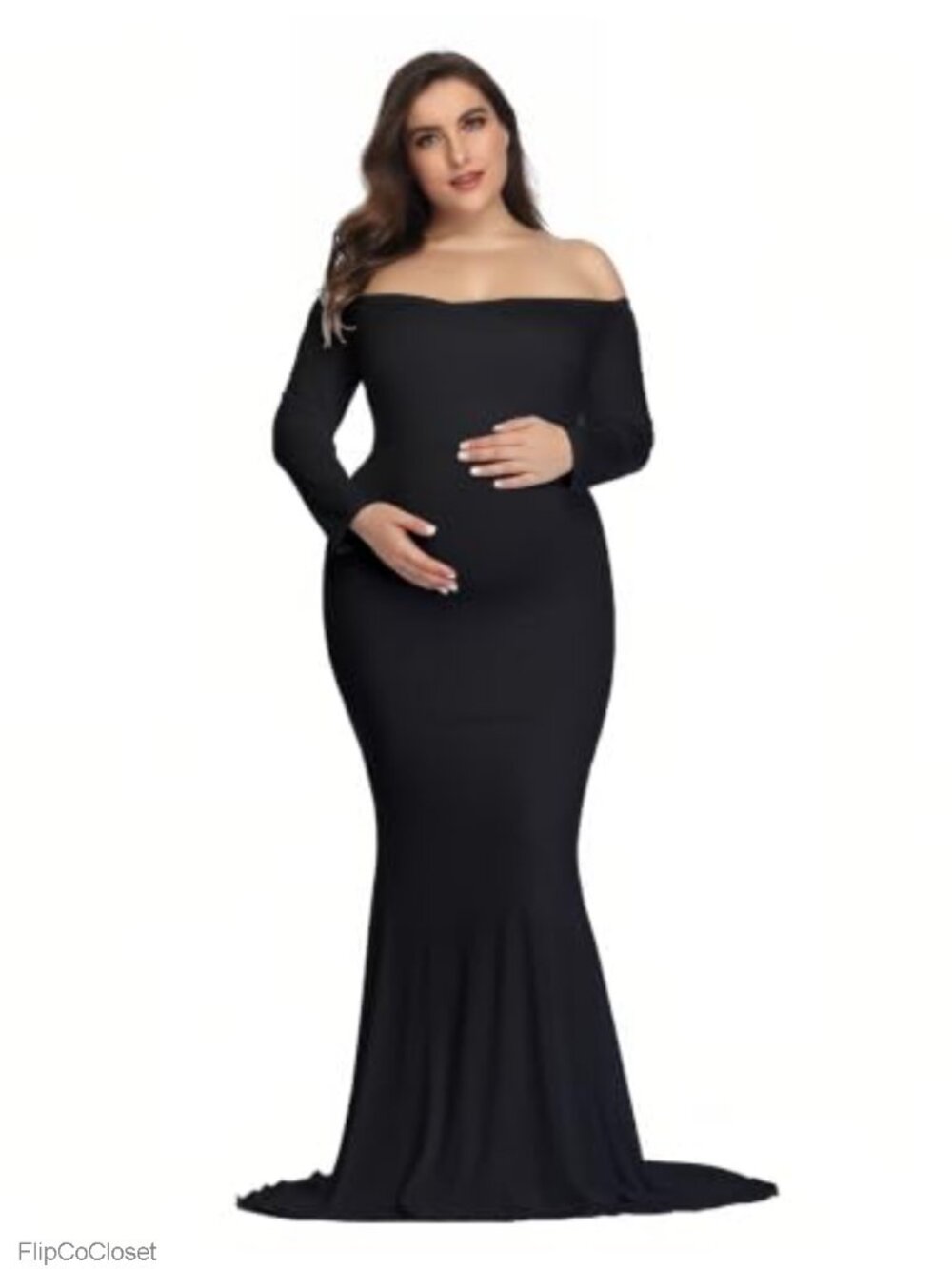 Maternity Photoshoot Dress Long Sleeve Maxi Gown Off Shoulder High Waist Slim